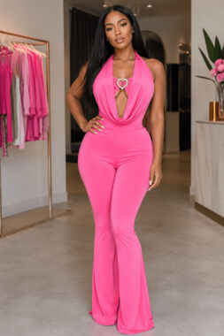 Houston Babe Deep Cowl Neck Gold Heart Halter Jumpsuit